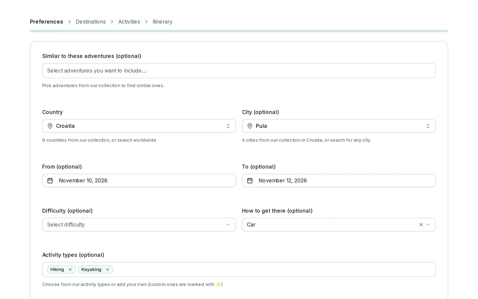 The planner form with country, dates and activities
