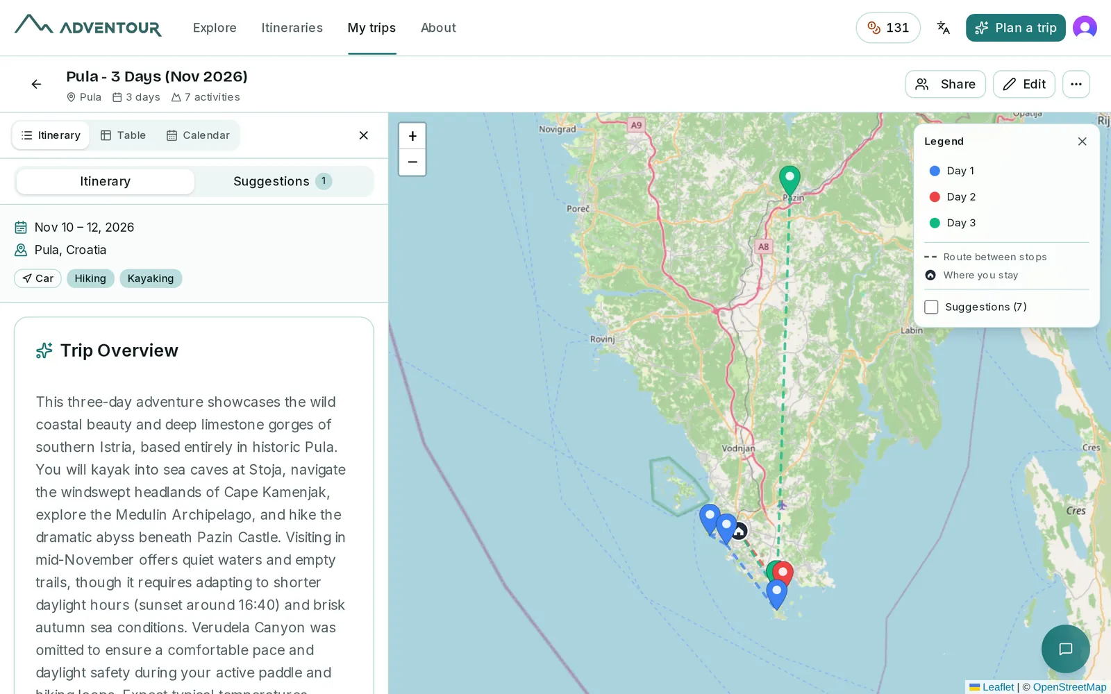 A finished 3-day itinerary next to its map