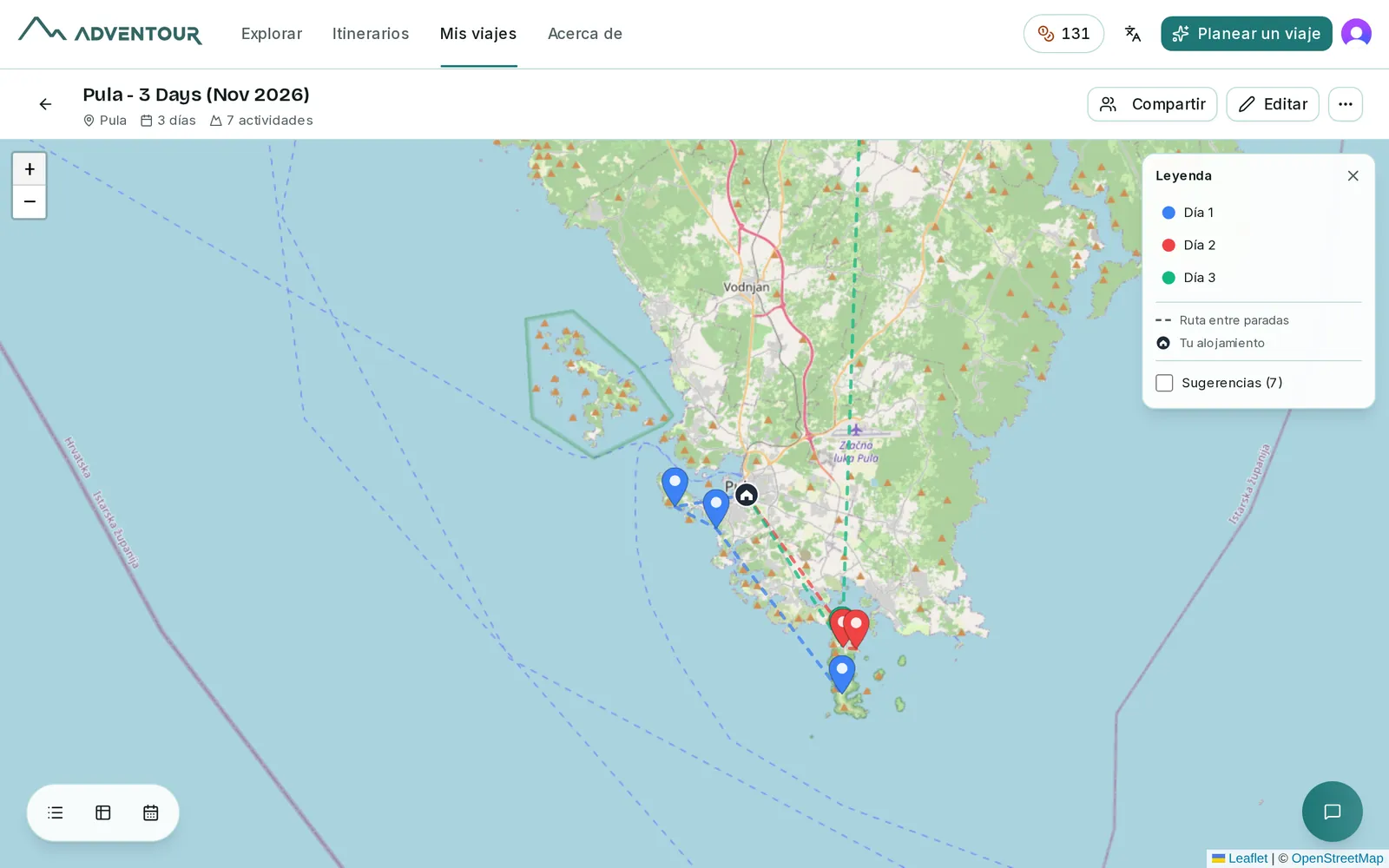 Mapa del viaje con días por colores